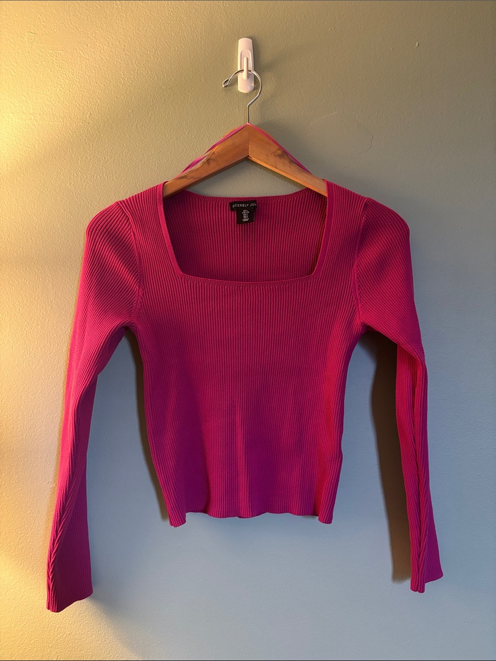Fitted Square-Neck Ribbed Long-Sleeve Top in Bright Pink